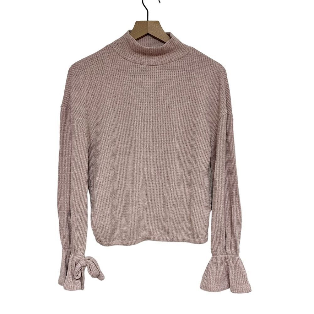 William Rast Waffle Knit Long Sleeve Sweater Womens XS Mock Neck Bow Sleeve Pink